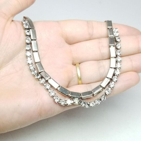 Vintage Silver Tone Two Layer Rhinestone Collar Necklace, Retro, Made in Japan - Picture 2 of 6